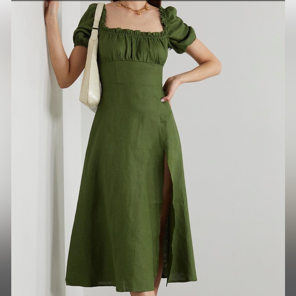Reformation Jacqueline Linen Dress in Moss